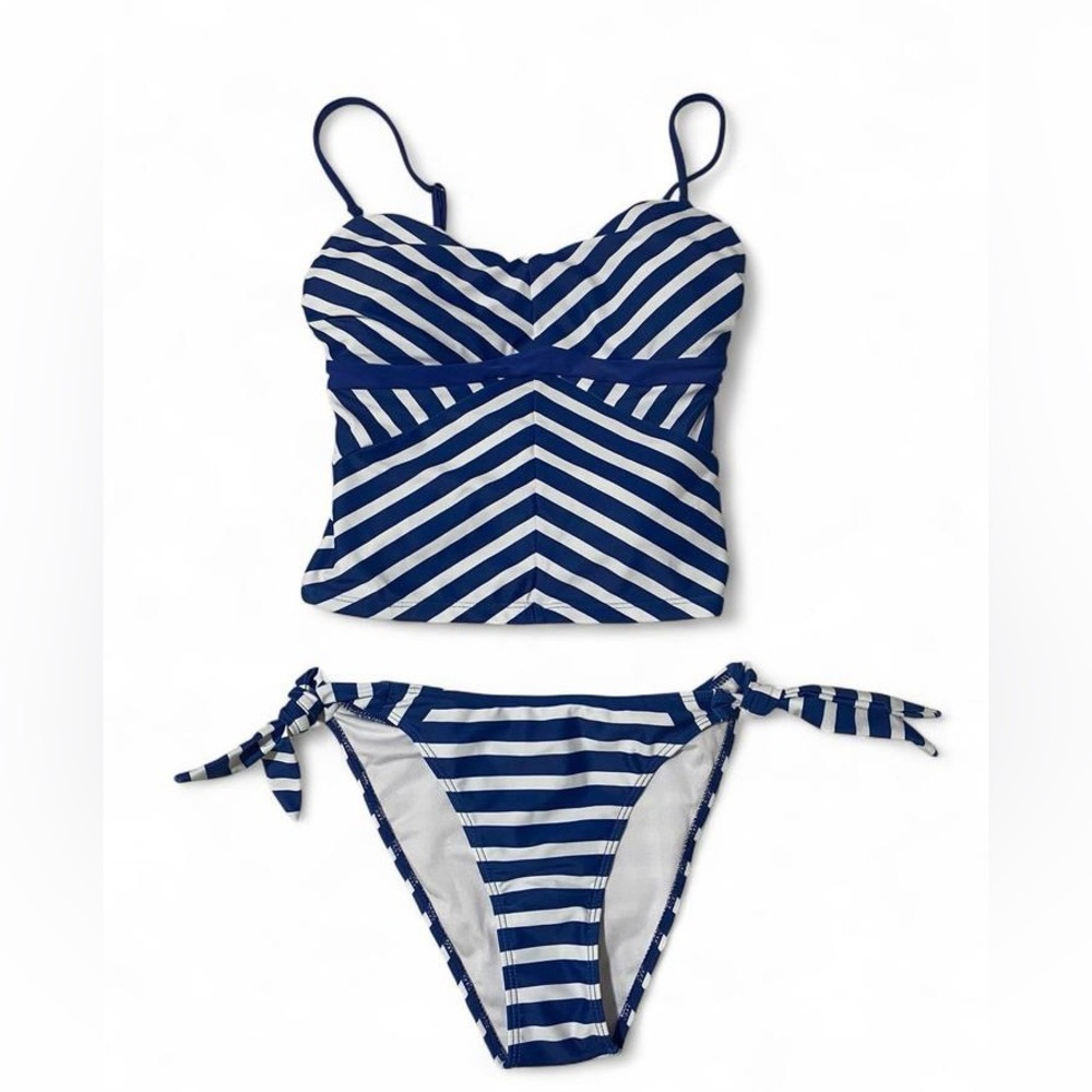 SHEIN Navy Blue and White Striped Tankini Bikini Set